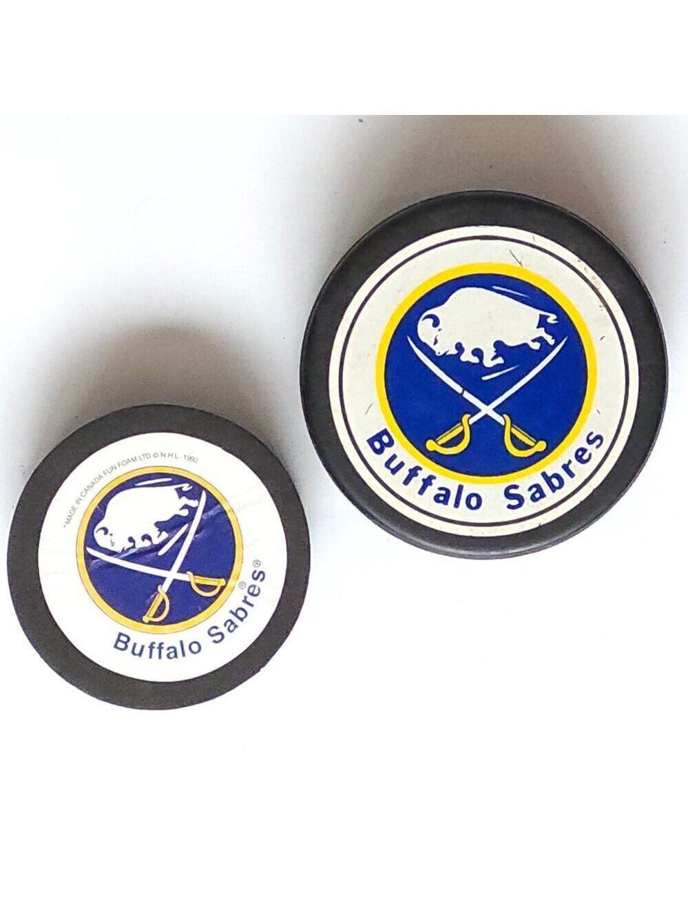 RETRO BUFFALO SABRES Hockey Pucks NHL One Standard Puck and one soft foam puck